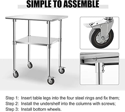 Stainless Steel Table - Metal Table Cart - Commercial Workbench with Caster Wheel - NSF Certified - for Restaurant, Warehouse, Home, Kitchen, Garage,30''x24''