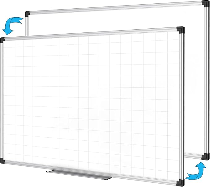 XBoard Magnetic Dry Erase Board with Lines 48 x 36 Inch, 4' x 3' Double Sided Hanging White Board Planner for Wall | Grid Lined White Board + Message Presentation Board