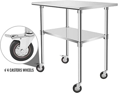Stainless Steel Table - Metal Table Cart - Commercial Workbench with Caster Wheel - NSF Certified - for Restaurant, Warehouse, Home, Kitchen, Garage,36''x24''