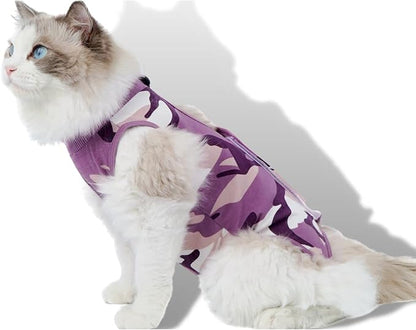 New Professional Cat Recovery Suit After Surgery as E-Collar Alternative, Kitten Recovery Suit for Spay to Cover Abdominal Wounds, Camouflage Apparel Anti-Licking Cat Onesie (S, Purple)