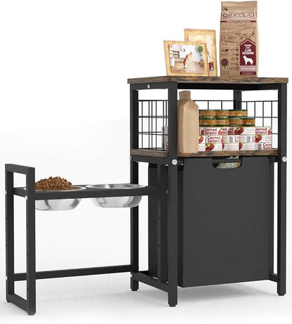 30.6Long x 26.2 High Elevated Dog Bowl Stand, Black | with Pet Food Storage Organizer,Adjustable Raised Feeding Station with Toy Basket for Large Medium Small Dogs and Cats