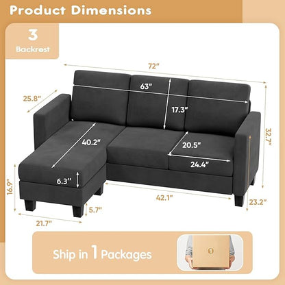 VICTONE Convertible Sectional Sofa Couch, 3 Seat L-Shaped Sofa with Linen Fabric Ottoman Small Couch for Small Apartments, Living Room and Office (Linen Fabric, Dark Gray)
