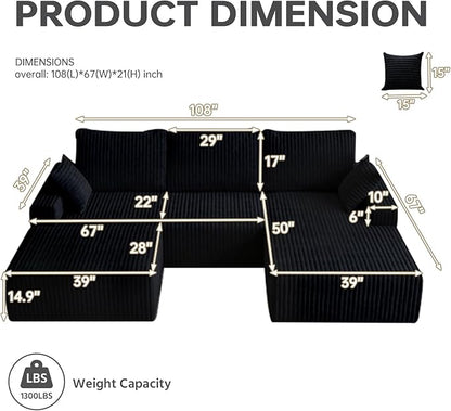 108" U Shaped Sectional Couch with Ottoman, Corduroy Modular Sectional Sofa with Deep Seat, Modern Modular L-Shape Sofa Couch with Chaise,Upholstered Boneless Couches for Living Room Bedroom