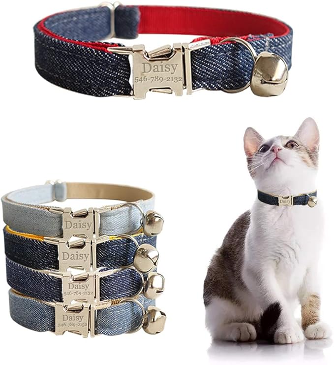 Personalized Cat Collar with Name Plate,Adjustable Tough Nylon Cat ID Collars with Bell,Customize Engraved Pet Name and Phone Number (Jean Style)
