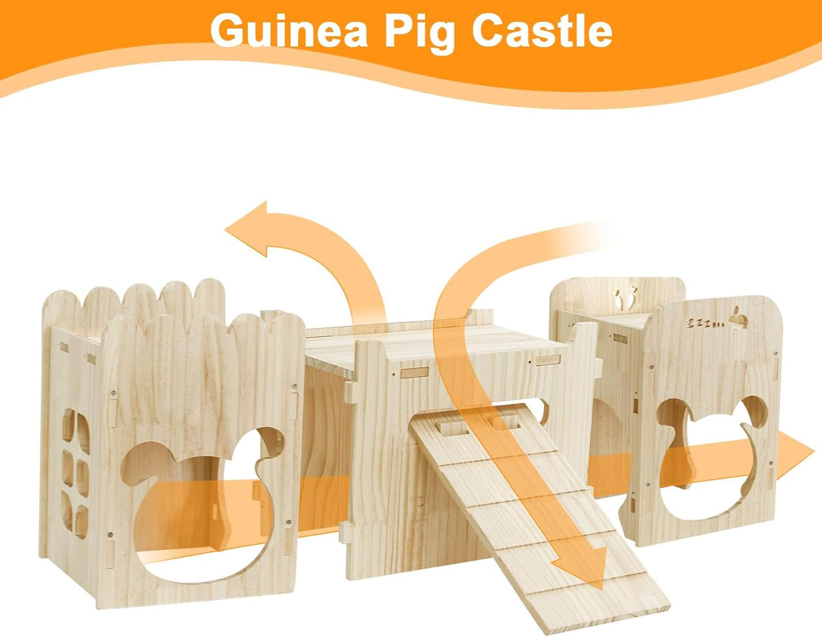 Natural Wooden Rabbit Castle House,Extra Large Hideout for Rabbit Guinea Pig Chinchilla Ferret,Sturdy Bunny House with Stair