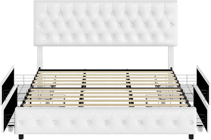 Keyluv Modern Upholstered Bed Frame with 4 Drawers, Button Tufted Headboard Design, Solid Wooden Slat Support, Easy Assembly, Queen Size, White