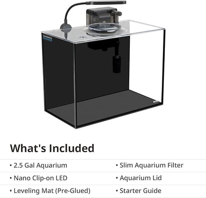 NICREW 2.5 Gallon Nano Nature Aquarium Kit, Ultra-Clear Rimless Desktop Fish Tank with Light and Filter, Perfect for Small Fish, Shrimp, or Betta, Basic Version, Black