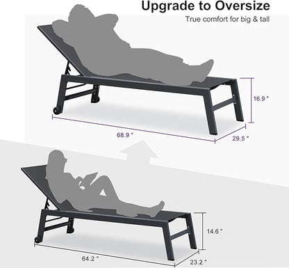 PURPLE LEAF Outdoor Chaise Lounge Set for 2 Oversized Pool Lounge Chairs with Easy-to-Move Wheels and Adjustable Backrest Extra Large Patio Loungers for Poolside Deck Beach Table Included, Dark Grey