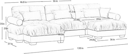 130" Grey Modular Sectional Sofa, 3 Seater Large Sectional Couches for Living Room, Velvet Fabric Oversized Fluffy Cloud Couch with Ottoman, Deep Seat Home Sofas Set, Sofá Moderno, U Shaped
