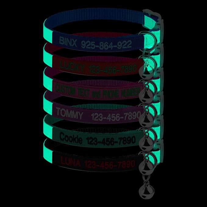 Personalized Nylon Cat Collar Breakaway with Bell, Custom Glow in The Dark ID Collar with Embroidered Name and Phone Number (Glow in The Dark)