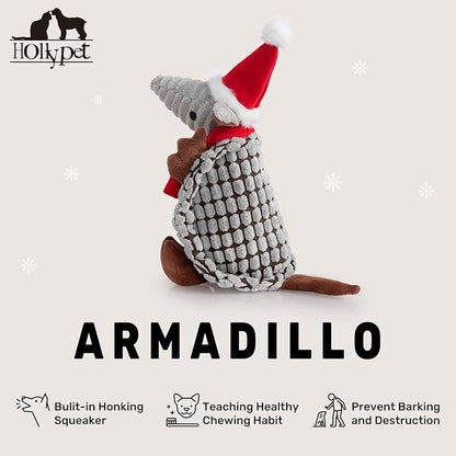 Hollypet Plush Dog Squeaky Toy Stuffed Armadillo Animal Pet Puppy Chew Toys with Clean Teeth for Small Medium Large All Breed Sizes Dogs, Christmas Gray, 8 in