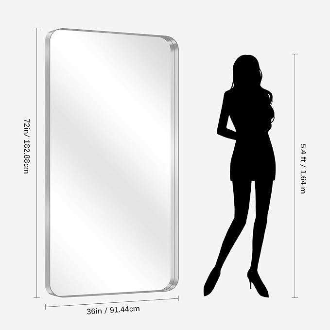 CIRCUMI Silver Bathroom Mirror, Rounded Corner, Tempered Glass, Large Mirror