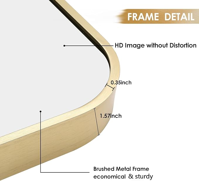 40x30 Inch Gold Bathroom Mirror, Brushed Gold Metal Framed Rectangular Mirror