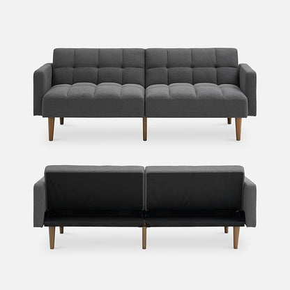mopio Aaron 76.8" Couch, Small Futon Sofa Bed, Sleeper, Loveseat, Mid Century Modern Futon Couch, Sofa Cama, Couches for Living Room, Bedroom (Dark Grey Fabric)