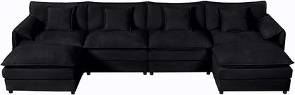 143.31" Oversized Extra Deep Seat Modern Chenille Cloud Couch, Large 4 Seater U Shaped Modular Sofa for Living Room,Bedroom,Apartment,Office (Black, 143.31 Inch-U Shape)