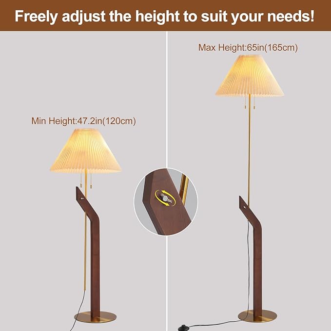 Wood Floor Lamp,Mid Century Modern Floor Lamp,Floor Lamps for Living Room, Height Adjustable Study Room,Bedroom,Office Gold Tall Standing Lamp
