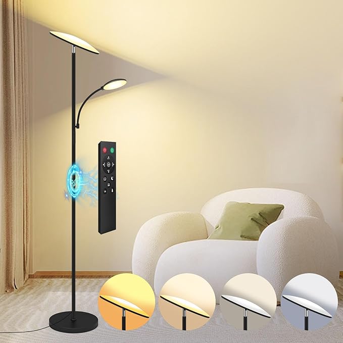 Floor Lamp, 2025 Upgraded 42W 4500LM Super Bright LED Floor Lamp with Rotatable Reading Light, Touch Remote Control & Memory Function, Stepless Dimmable Standing Lamp for Living Room Bedroom, Black