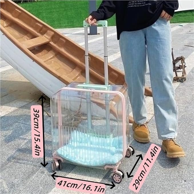 Rolling Pet Trolley Case, Portable Hard Shell Pet Carrier, Clear Plastic Cat Travel Box, Suitable for Cats and Dogs(Green,11.4 * 15.4 * 16.1in)