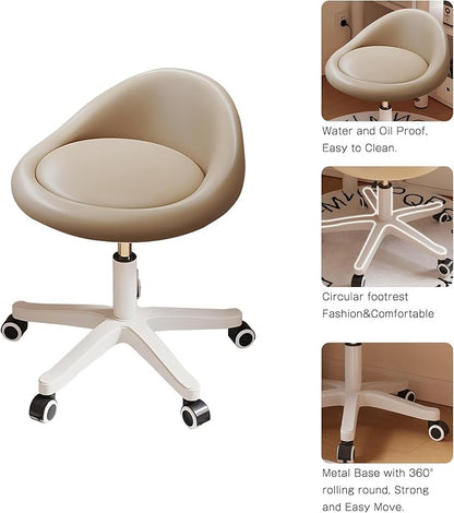 Walktory Round Rolling Stool with PU Leather Low Backrest, Hydraulic Height-Adjustable Swivel Chair for Spa, Salon, Tattoo, Massage, or Medical Office