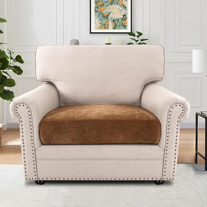 H.VERSAILTEX Stretch Chenille Cushion Covers Thick Soft Chair Covers Anti Slip Armchair Covers Slipcover with Elastic Bottom for Pets, Kid(1 Seater Armchair Cushion Cover,Caramel)