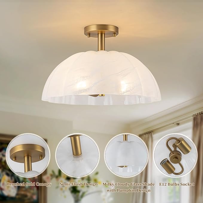 Mid-Century Modern Brushed Gold Semi Flush Mount Ceiling Light,2-Light Pumpkin Design Ceiling Light Fixture with Milky Cloudy Glass Shade,for Living Room,Dining Room,Bedroom,Entryway(15.98 inch)