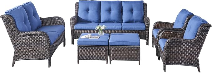 Rilyson Wicker Patio Furniture Set - 6 Piece Rattan Outdoor Sectional Conversation Sets with 1 Sofa,1 Loveseat,2 Armrest Chairs and 2 Ottomans for Porch Deck Garden(Brown/Blue)
