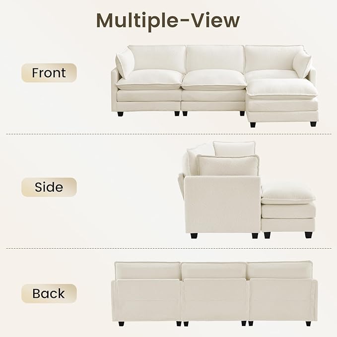 ROWHY Oversized Modular Sectional Couch with Movable Ottoman, 112" Modern Convertible L Shaped Sofa Set, 4 Seat Comfy Cloud Couch with 2 Throw Pillows, for Living Room and Office, Chenille, Beige