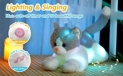 Houwsbaby 15" Gray LED Musical Cat Stuffed Animal Floppy Singing Kitty Light Up Plush Toy Kitten Lullaby Animated Soothe Birthday Festival for Kids Toddlers Girls Boys
