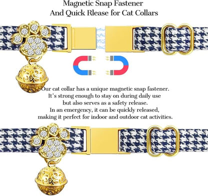 Personalized Breakaway Cat Collars - Magnetic Buckle, Bell - Safety Quick Release, Customized for Girls & Boys Cats- (Houndstooth-Navy)