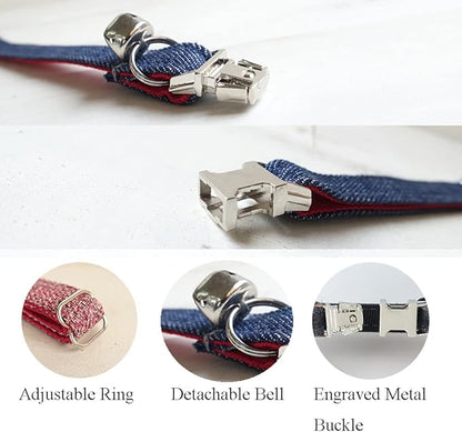 Personalized Cat Collar with Name Plate,Adjustable Tough Nylon Cat ID Collars with Bell,Customize Engraved Pet Name and Phone Number (Jean Style)