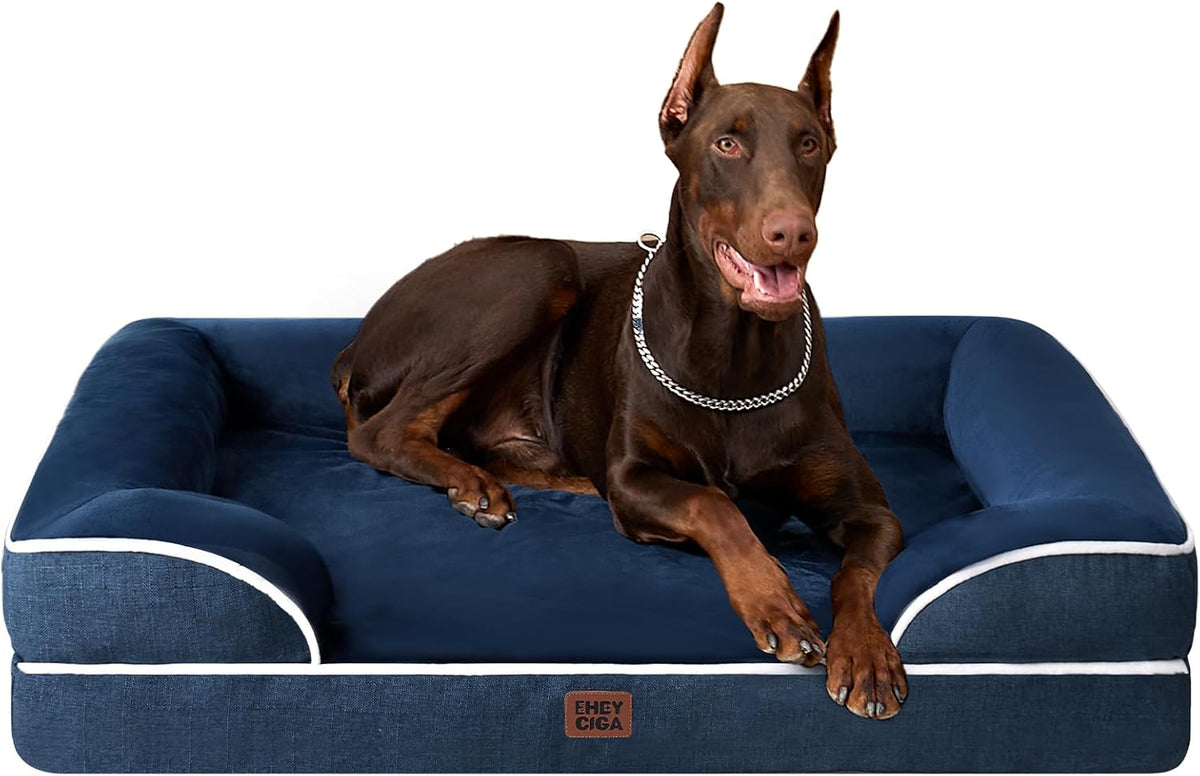 EHEYCIGA Orthopedic XL Dog Beds, Waterproof Memory Foam Dog Bed for Extra Large Dogs, Non-Slip Bottom and Egg-Crate Foam Big Pet Couch Bed with Washable Removable Cover, Navy