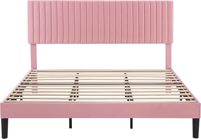 Allewie King Bed Frame, Velvet Upholstered Platform Bed with Adjustable Vertical Channel Tufted Headboard, Mattress Foundation with Strong Wooden Slats, Box Spring Optional, Easy Assembly, Pink