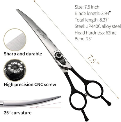 Fenice 7.5" Professional Grooming Scissors for Dogs, Made of Japanese Stainless Steel, Curved Shears (Black)