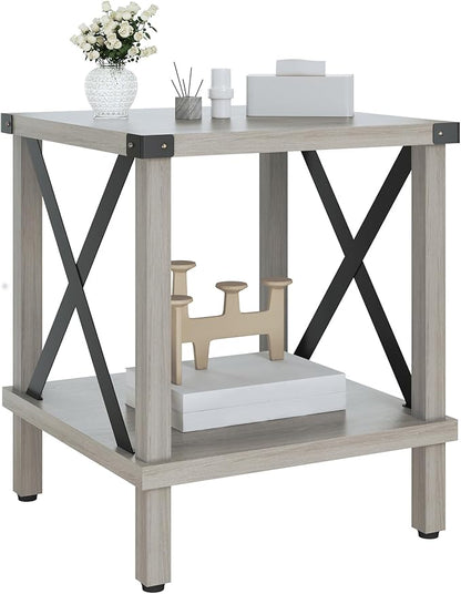 Large End Table Farmhouse Side Table Industrial Style Sofa Table Metal X Accent Wood Coffee Table NightStand with Storage Shelf for Living Room Bedroom Oak Grey MLBZ16Z