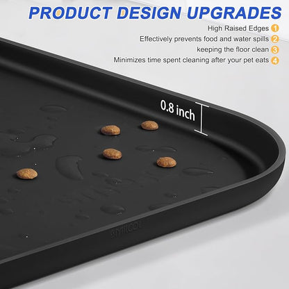 SMILOOL Waterproof Silicone Pet Food Mat with Raised Edge for Dog & Cat | 22" x 14" Non-Slip Pet Feeding Mats with Lip for Food & Water Bowl, Food Grade, Easy Cleaning, Black