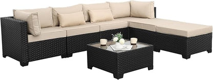 Lviden 7 Pieces Outdoor PE Wicker Furniture Set Patio Rattan Sectional Conversation Sofa Set with Khaki Cushions and Glass Top Table