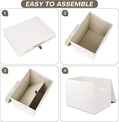 Large 22 Quart Linen Fabric Foldable Storage Bin Cube Organizer Basket with Flip-Top Lid & Handles, Clothes Blanket Box for Home, Office, Closet, White, 4 Pack 14.6 x 9.5 x 9.5”