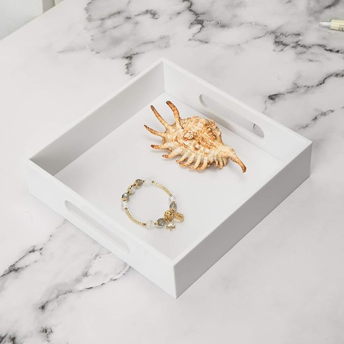 White Sturdy Acrylic Tray with Handles-8x8 Inch- Countertop Organizer Tray for Kitchen,Bathroom,Office- Storage Box for Cosmetics, Jewelry,Toiletries,Toy,Gadgets