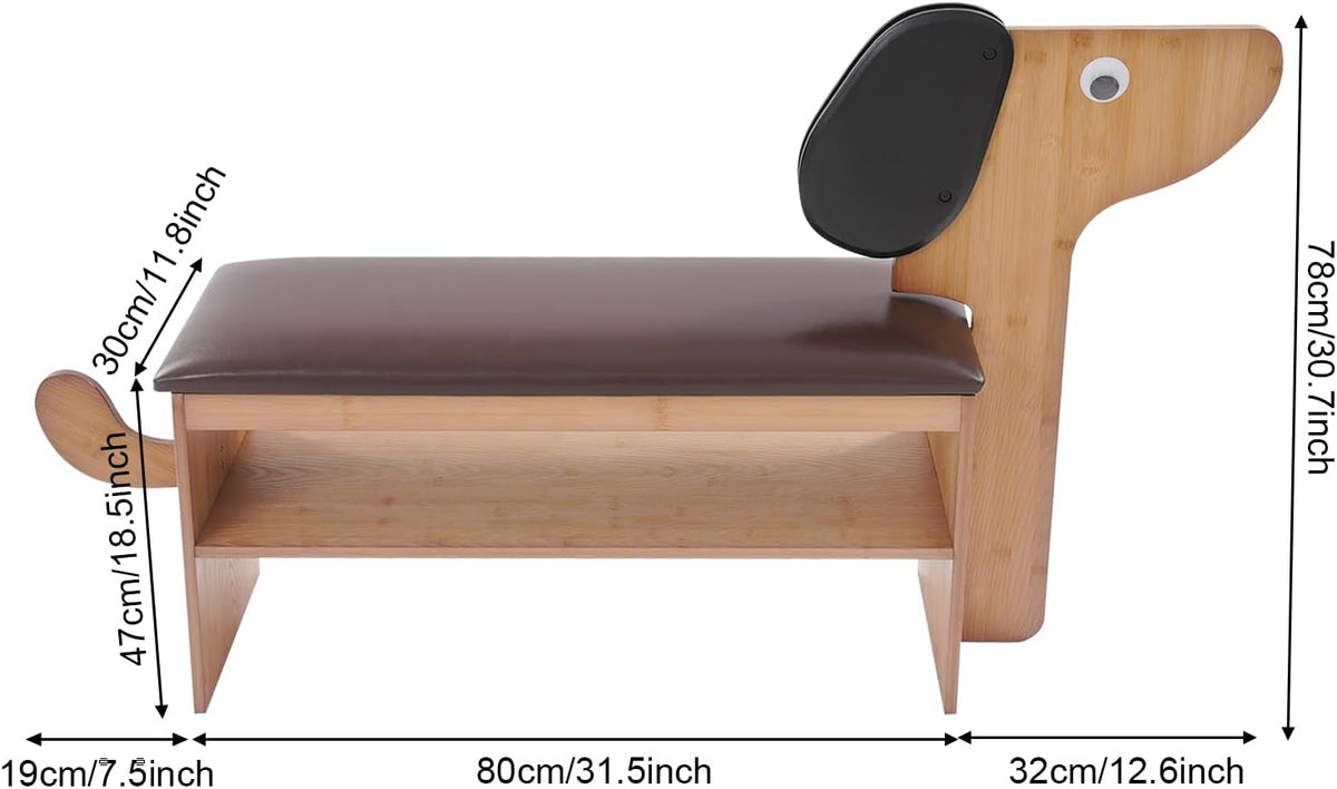 Cute Dog Shoe Bench with Cushion, 51.6”L x 11.8”W Puppy Shoe Storage Bench Dark Brown 2-Tire Bamboo Shoes Rack Bench for Entryway Living Room Hallway Bedroom 220Lbs Load Capacity