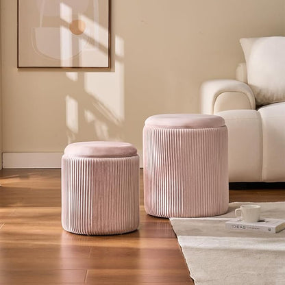 Round Set of 2 Ottoman with Storage-Upholstered Velvet Vanity Stool for MakeupMultifunctional Ottomans Coffee Table Padded Seat Foot Rest for Living Room&Bedroom(Pink)