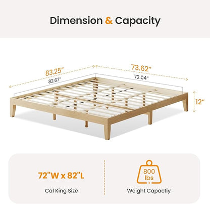Cal King Size Wood Platform Bed Frame, 12 Inch Solid Wood Bed Frame with Wooden Slats, No Box Spring Needed, Easy Assembly, Rustic Pine