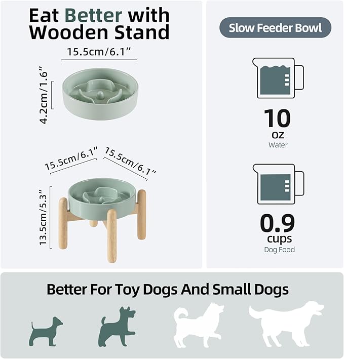 Ceramic 0.9 Cup Raised Dog Slow Feeder Set, Elevated Bowl