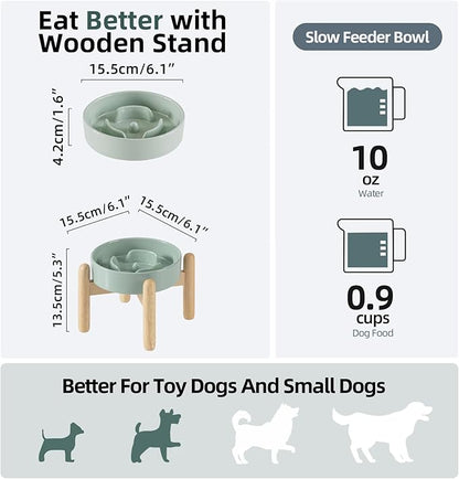 Ceramic 0.9 Cup Raised Dog Slow Feeder Set, Elevated Bowl