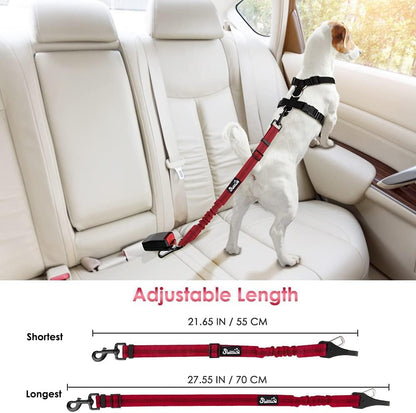 SlowTon Dog Seat Belt, Adjustable Dog Safety Belt Leash, 2 in 1 Latch Bar Attachment Dog Car Seatbelt with Elastic Nylon Bungee Buffer, Reflective Nylon Belt Tether Connect to Dog Harness (Red)