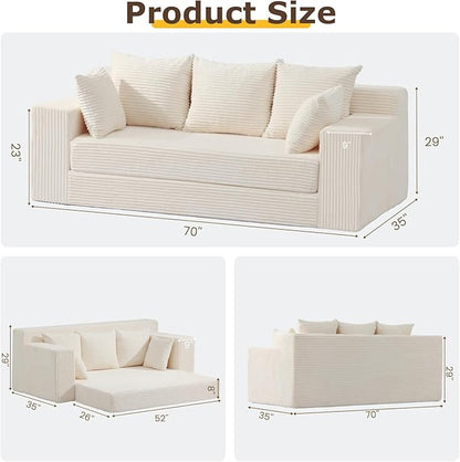 3 Seater Boneless Couch for Living Room, Convertible Futon Sofa Bed Comfy Pull Out Couch with 5 Pillows & Detachable Washable Cover, Upholstered Floor Sofa in A Box, No Assembly Required, Beige
