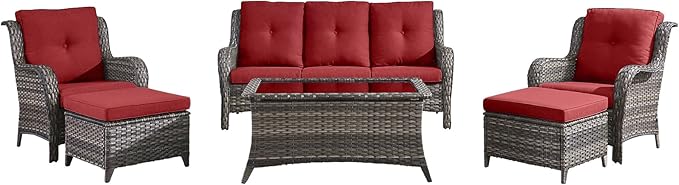 Outdoor Patio Wicker Furniture Set - 6 Piece Rattan Patio Conversation Sectional Sofa Set with 1 Couch,2 Armchairs,2 Ottomans and 1 Glass Top Coffee Table for Porch Deck Garden(Mixed Grey/Red)
