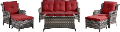 Outdoor Patio Wicker Furniture Set - 6 Piece Rattan Patio Conversation Sectional Sofa Set with 1 Couch,2 Armchairs,2 Ottomans and 1 Glass Top Coffee Table for Porch Deck Garden(Mixed Grey/Red)