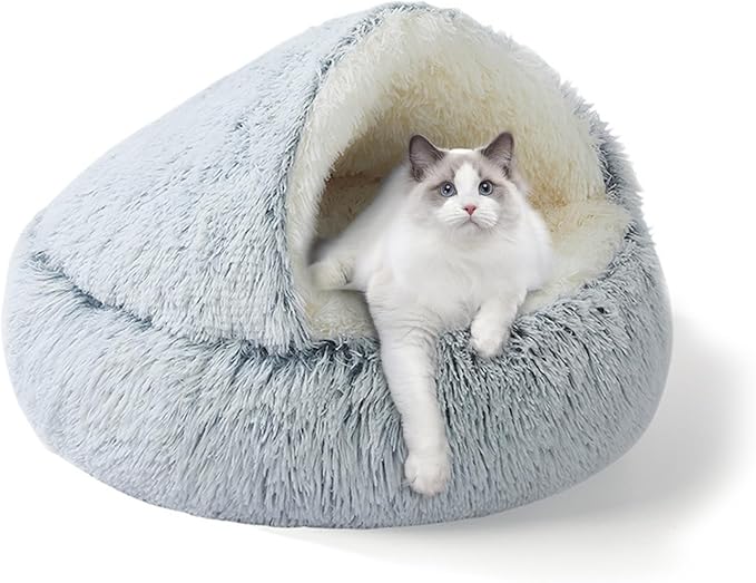 Cat Beds for Indoor Cats,Plush Hooded Cat Cave for Puppy Kitty Small Dog Bed,Removable Washable Non-Slip Bottom Self Warming Round Fluffy Faux Fur Super Soft Calming Sleeping Pet Bed(Gray)