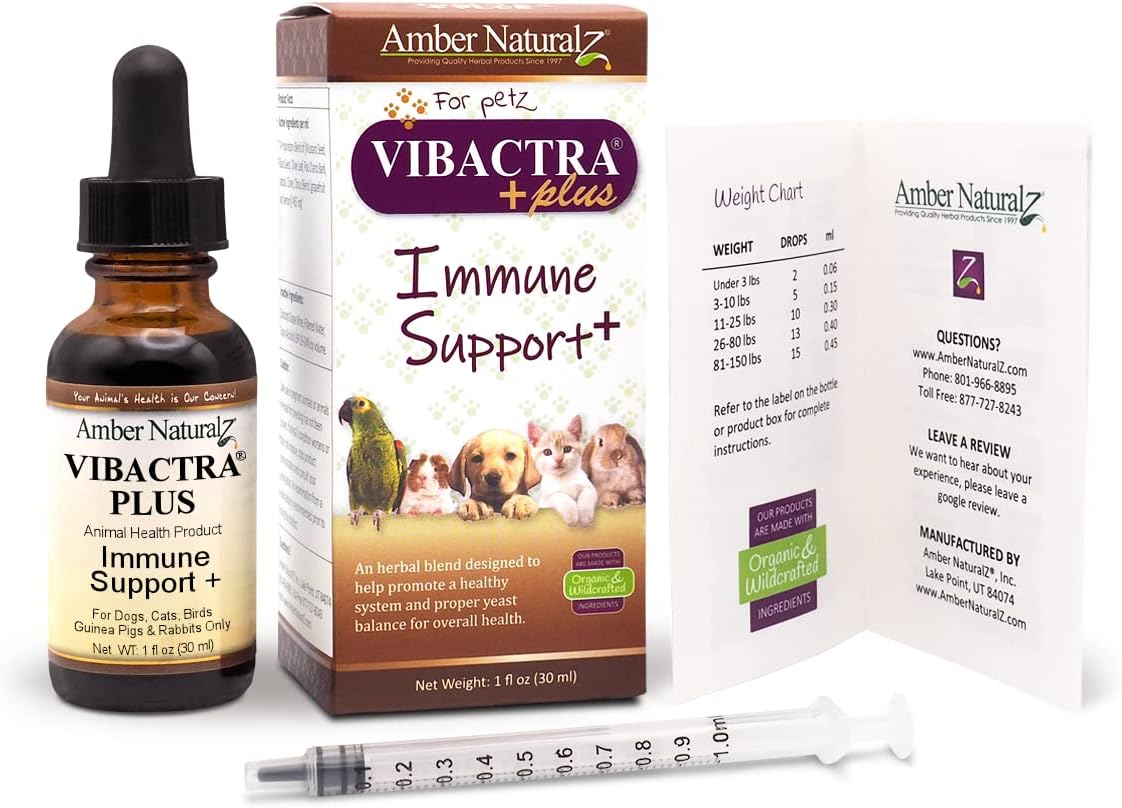 Amber NaturalZ Vibactra Plus Herbal Supplement for Dogs, Cats, Birds, Guinea Pigs, and Rabbits | Herbs for Immune Health and Yeast Balance | 1 Fluid Ounce Glass Bottle