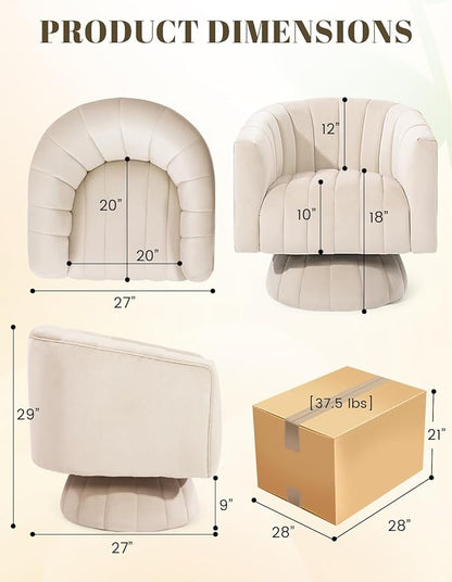 Kromax Swivel Accent Chair with Armrest, Mid Century 360 Degree Swivel Barrel Chair Overstuffed Tufted Velvet, Ideal for Living Room, Bedroom, Reading Room, Beige